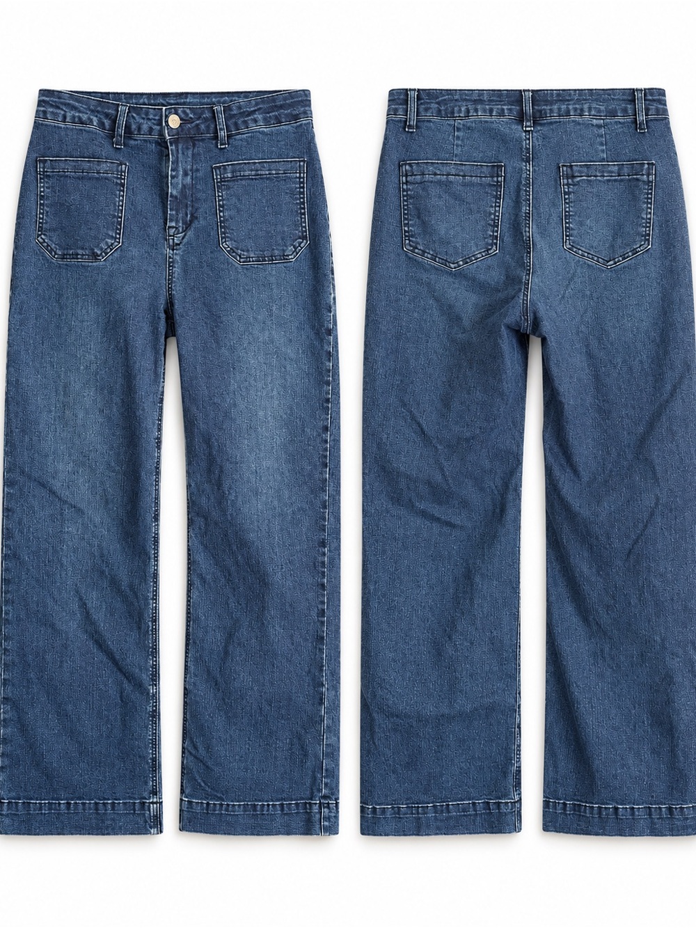 AStylish High Waisted Wide Leg Jeans Size 12 Dark Wash Stretch Denim